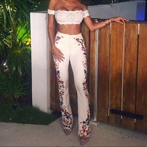 Zara White floral straight leg trousers